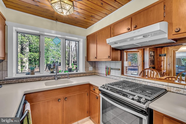 kitchen with plenty of natural light, stainless steel gas range, sink, and backsplash