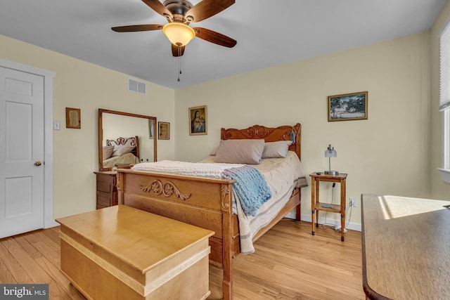 bedroom featuring ceiling fan and light wood-type flooring