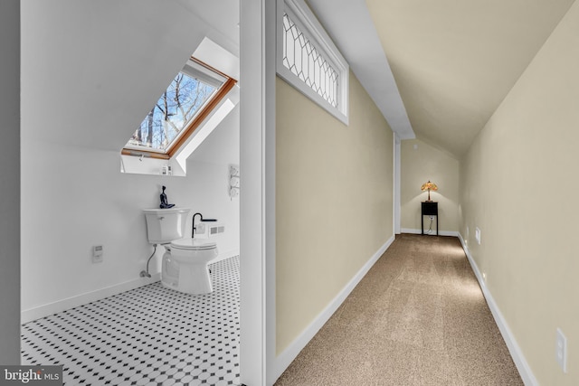 hall featuring plenty of natural light and vaulted ceiling with skylight