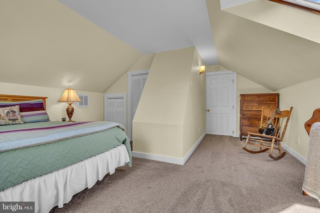 bedroom featuring vaulted ceiling, carpet flooring, and a closet