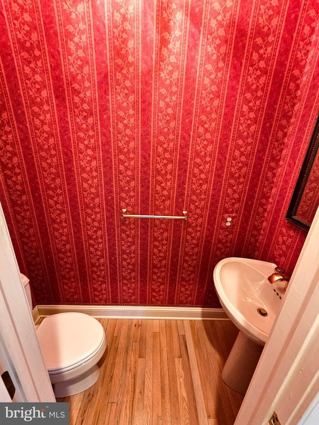 bathroom with toilet and hardwood / wood-style floors