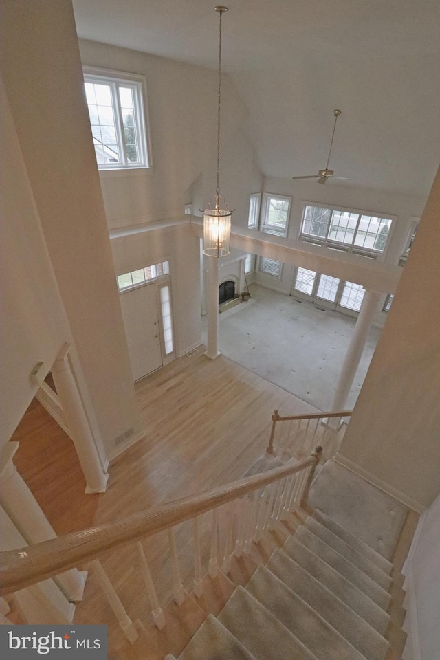 foyer featuring a high ceiling, plenty of natural light, and hardwood / wood-style floors