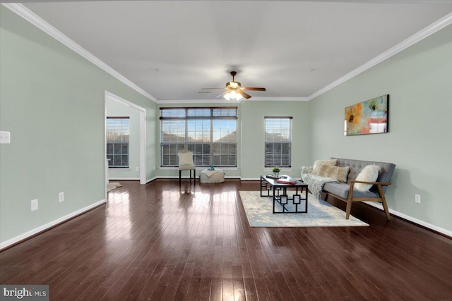 living room featuring ornamental molding, dark hardwood / wood-style floors, and ceiling fan