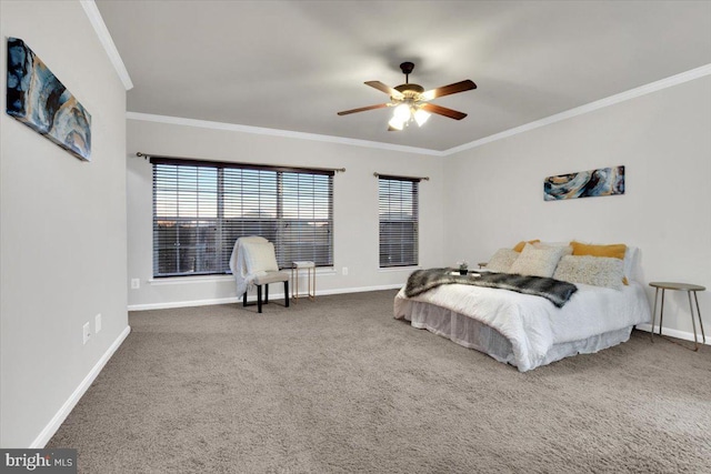 carpeted bedroom with ornamental molding and ceiling fan