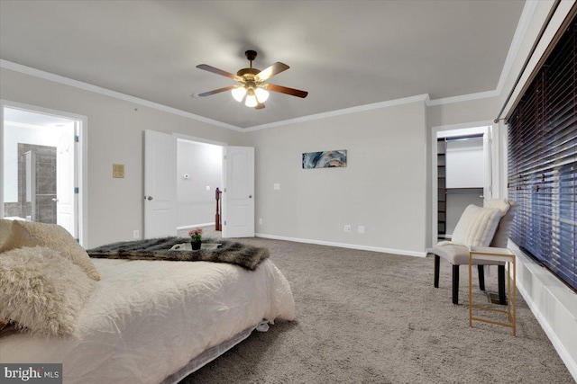 carpeted bedroom featuring crown molding and ceiling fan