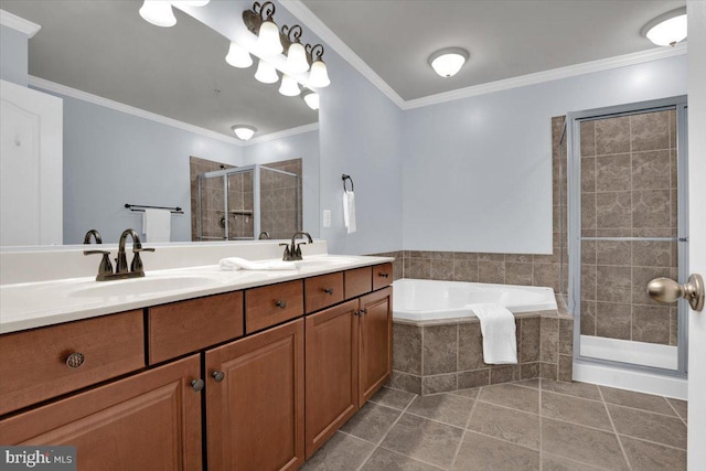 bathroom with tile patterned flooring, ornamental molding, separate shower and tub, and vanity