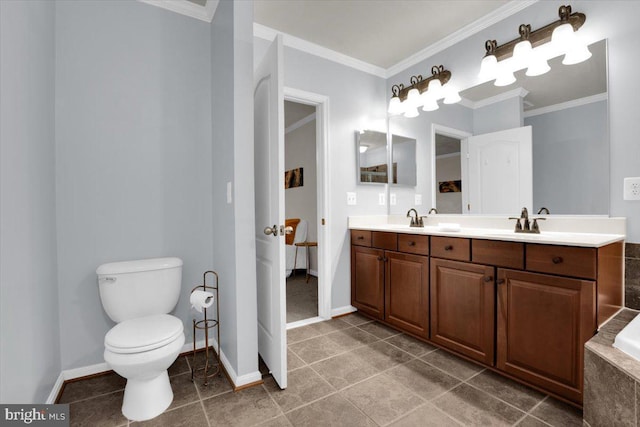 bathroom featuring crown molding, tile patterned floors, vanity, and toilet