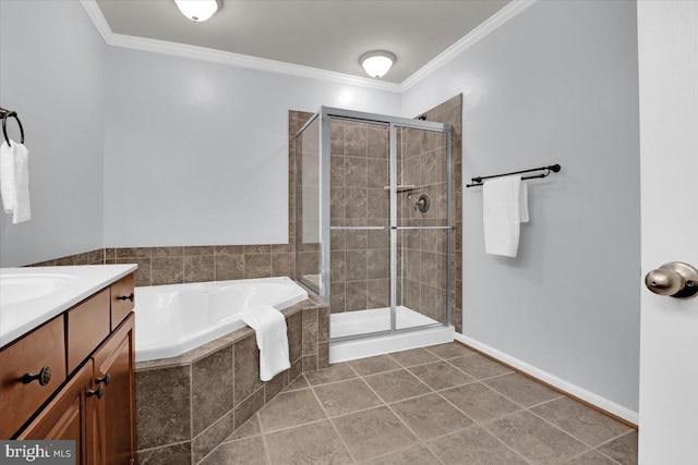 bathroom featuring crown molding, tile patterned floors, vanity, and plus walk in shower