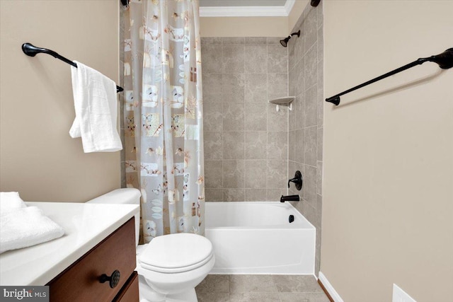 full bathroom with shower / tub combo with curtain, toilet, vanity, ornamental molding, and tile patterned flooring