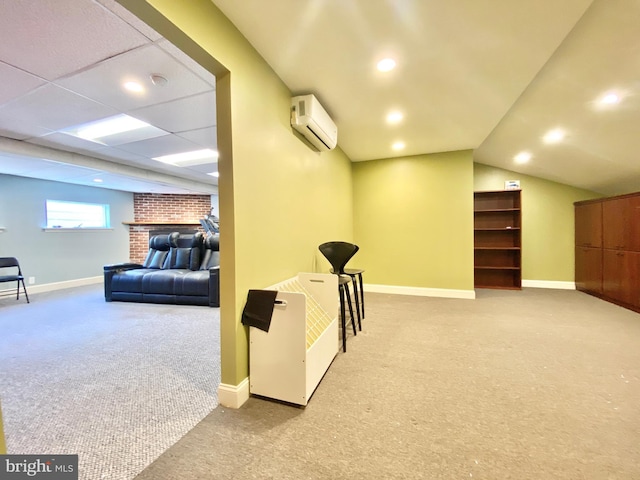 interior space featuring lofted ceiling, a wall mounted air conditioner, and carpet floors