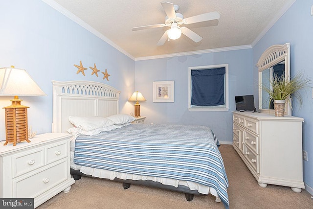 carpeted bedroom featuring crown molding, a textured ceiling, and ceiling fan