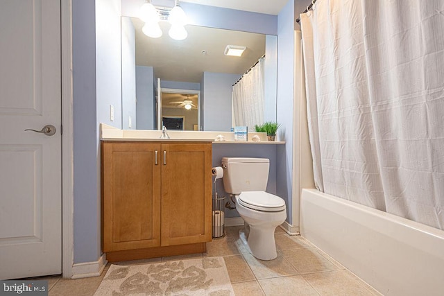 full bathroom with vanity, tile patterned flooring, shower / bath combination with curtain, and toilet