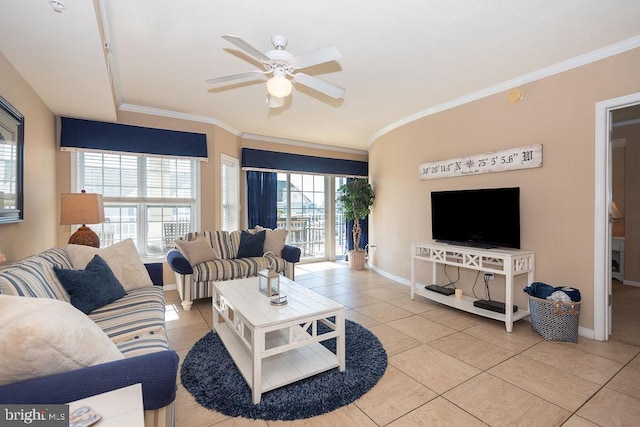 tiled living room featuring crown molding and ceiling fan