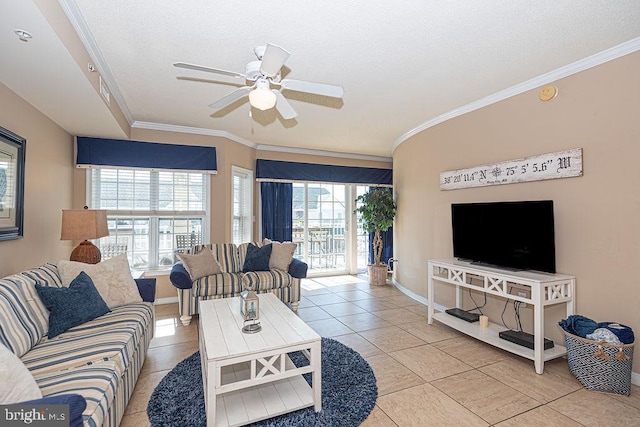 living room with crown molding, light tile patterned flooring, and ceiling fan