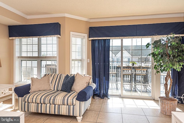 tiled living room featuring crown molding and a healthy amount of sunlight