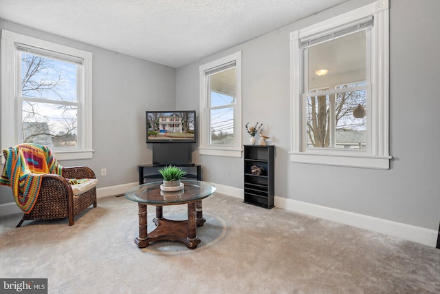 living area featuring plenty of natural light, light colored carpet, and a textured ceiling