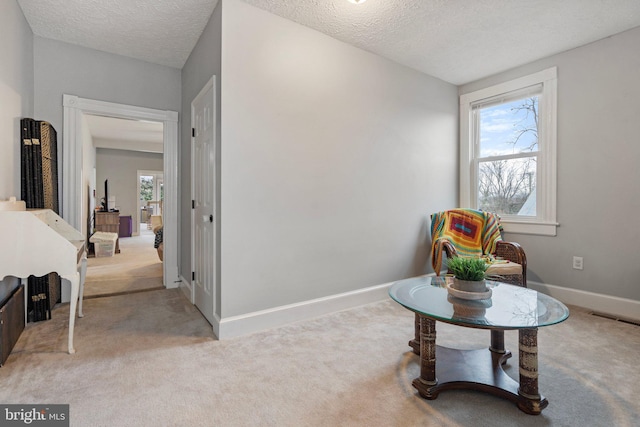 living area with light carpet, a textured ceiling, and a healthy amount of sunlight