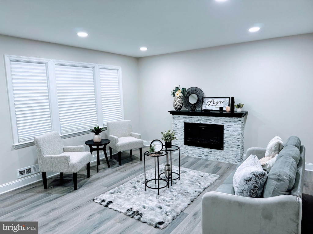 living room with wood-type flooring and a stone fireplace