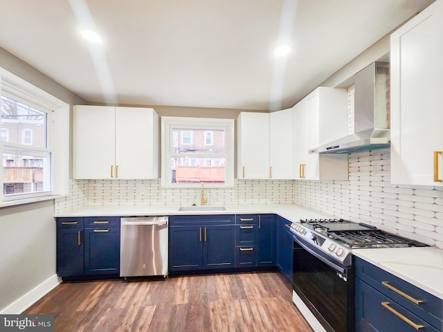 kitchen featuring appliances with stainless steel finishes, blue cabinets, sink, and wall chimney range hood