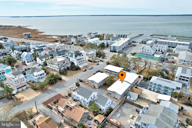 drone / aerial view featuring a water view