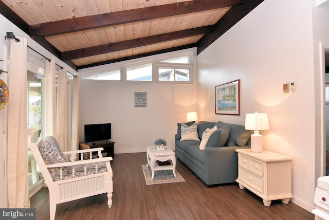 living room featuring wood ceiling, dark hardwood / wood-style floors, and vaulted ceiling with beams