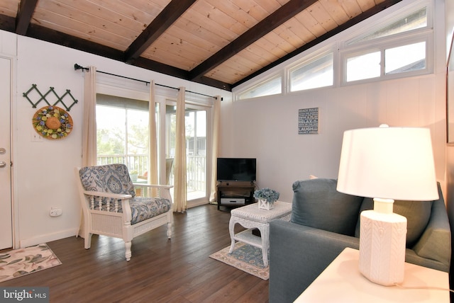 living room with wooden ceiling, dark hardwood / wood-style flooring, and vaulted ceiling with beams