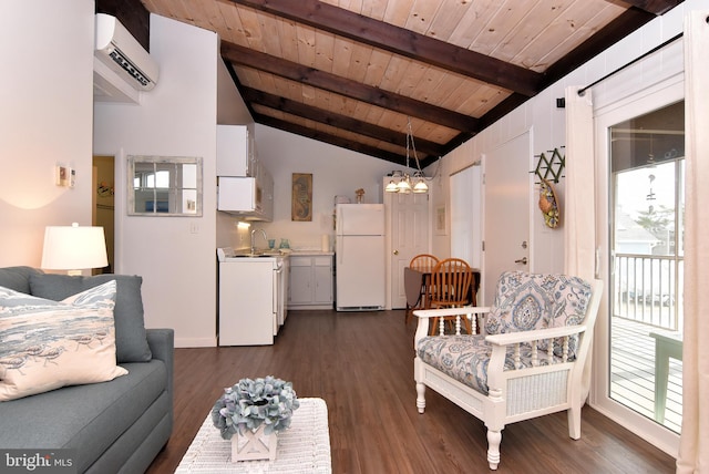 living room featuring wood ceiling, dark wood-type flooring, a wall unit AC, a notable chandelier, and lofted ceiling with beams