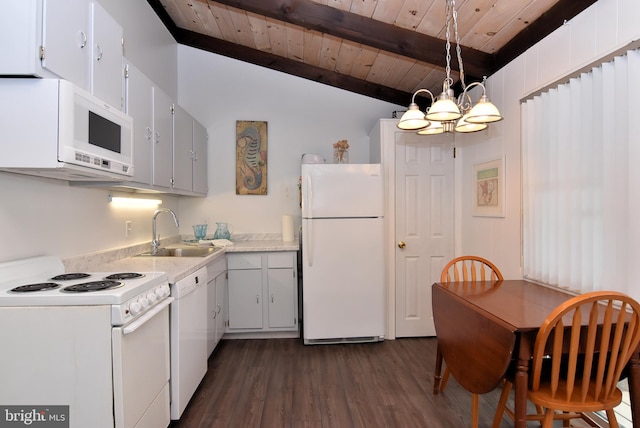 kitchen featuring sink, white appliances, hanging light fixtures, white cabinets, and wooden ceiling