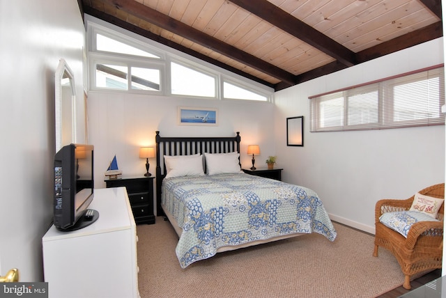 bedroom featuring lofted ceiling with beams, carpet flooring, and wood ceiling