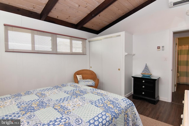 bedroom featuring lofted ceiling with beams, dark wood-type flooring, wooden ceiling, and a closet