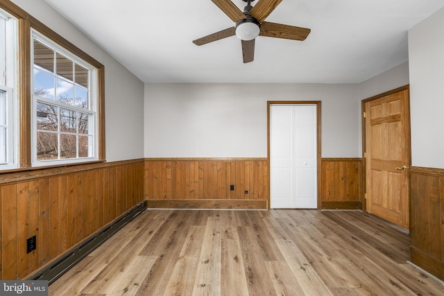 empty room featuring ceiling fan, light wood-type flooring, wooden walls, and baseboard heating