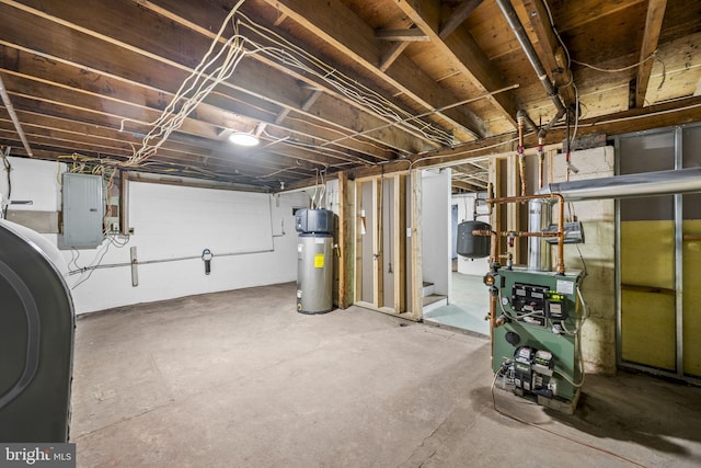 basement featuring water heater and electric panel