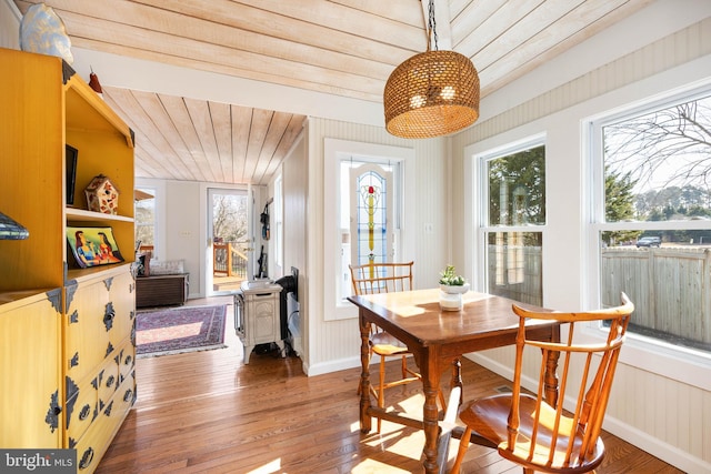 dining area with wood-type flooring and wood ceiling