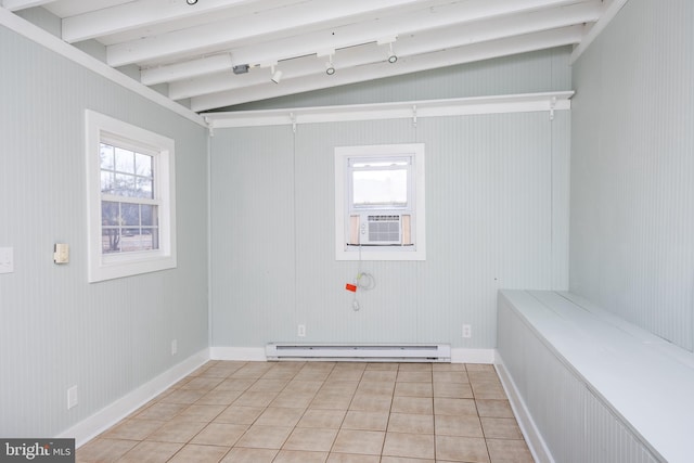 tiled spare room featuring cooling unit, a wealth of natural light, a baseboard radiator, and lofted ceiling with beams