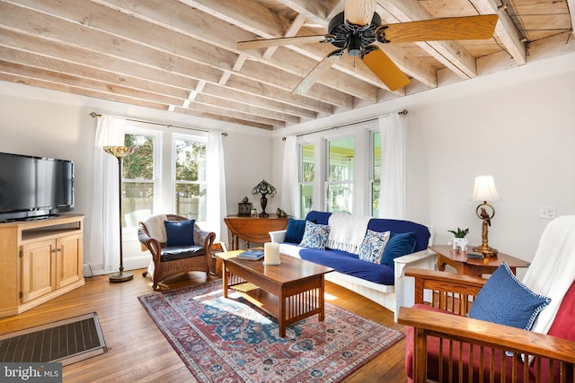 living room featuring beam ceiling, plenty of natural light, ceiling fan, and light hardwood / wood-style flooring