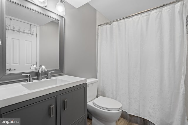 bathroom featuring vanity, hardwood / wood-style floors, and toilet