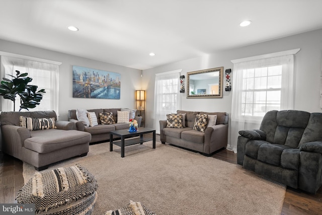 living room with dark wood-type flooring and plenty of natural light