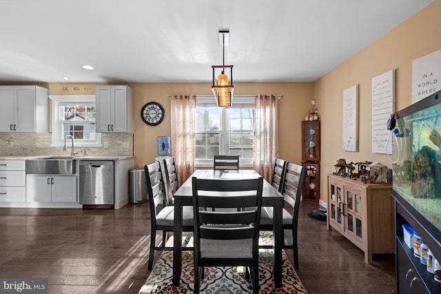 dining room with sink, dark wood-type flooring, and plenty of natural light