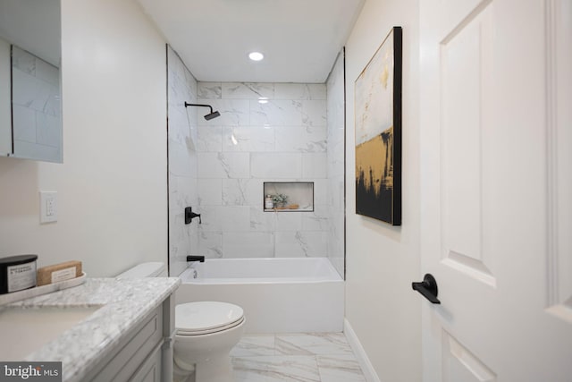 full bathroom with tiled shower / bath combo, vanity, and toilet