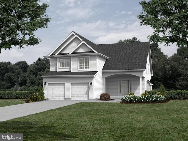 view of front of home with a garage and a front lawn