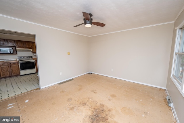 unfurnished living room with ceiling fan and ornamental molding