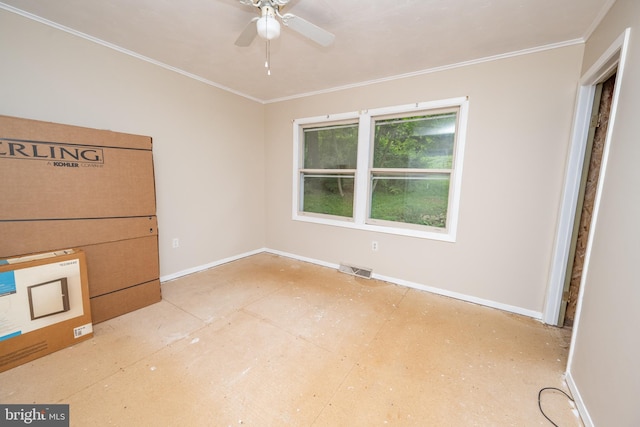 unfurnished bedroom featuring ceiling fan and ornamental molding