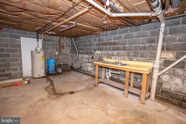 basement featuring sink, electric panel, and electric water heater