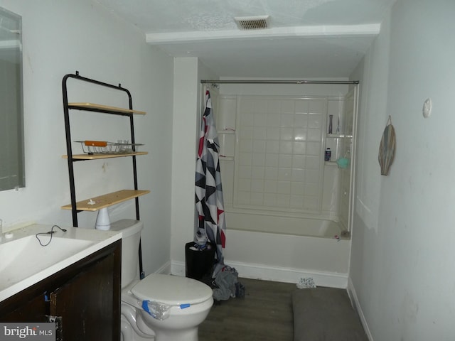 full bathroom with vanity, hardwood / wood-style floors, shower / bath combination with curtain, and toilet