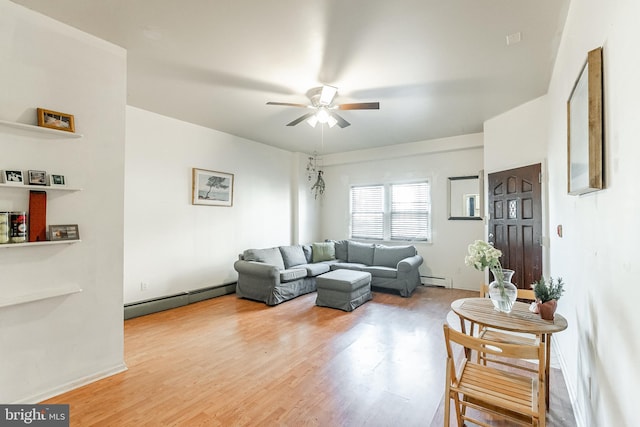 living room with light hardwood / wood-style floors, ceiling fan, and baseboard heating