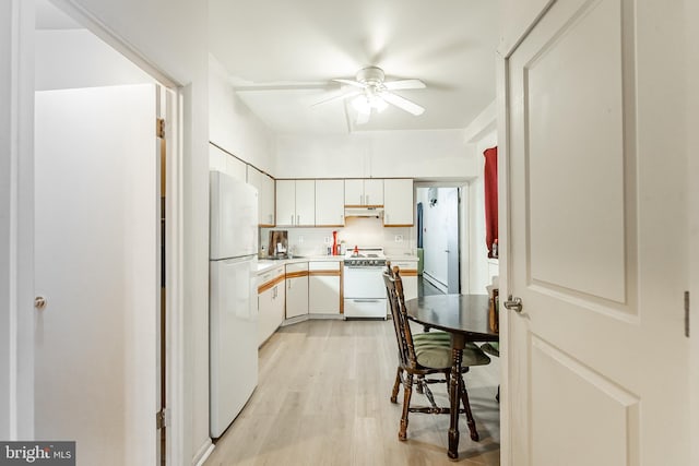 kitchen featuring white cabinetry, white appliances, ceiling fan, and light hardwood / wood-style flooring