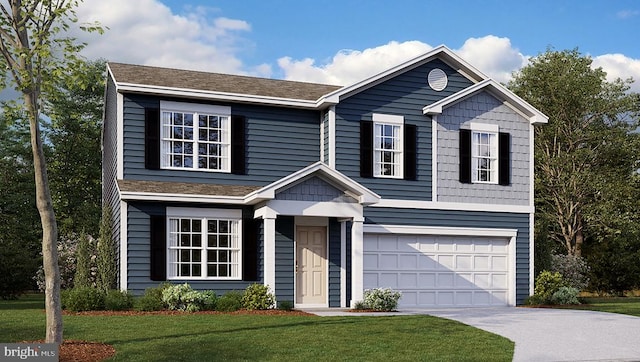 view of front facade with a garage and a front yard