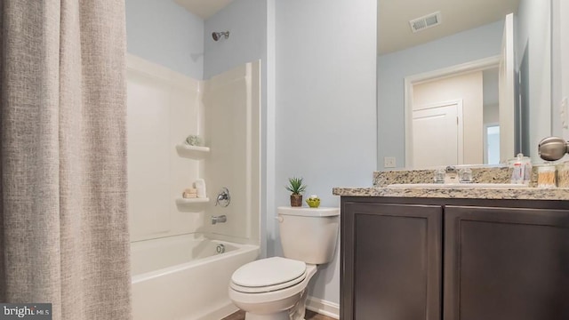 full bathroom with shower / bathtub combination with curtain, vanity, and toilet