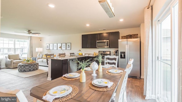 dining area featuring ceiling fan and light wood-type flooring