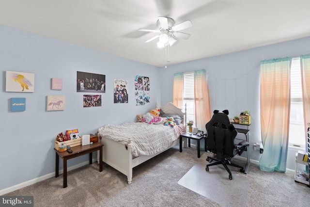 bedroom featuring carpet flooring and ceiling fan